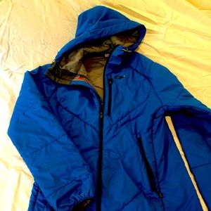 Bright blue warm Outdoor Research snow/ all weather jacket.